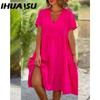 Women Fashion Summer Spring Fresh and Cute Solid Color Print Short Sleeve V-neck Big Loose Casual Dresses