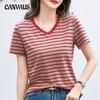 Летняя женская футболка с v-образным вырезом, полосатый топ с короткими рукавами