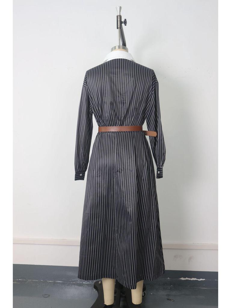 Женское ретро-платье-рубашка в полоску (европейский и американский стиль), Осенняя коллекция - Свободный крой с поясом, Color-block, Дизайн с воротником-рубашкой