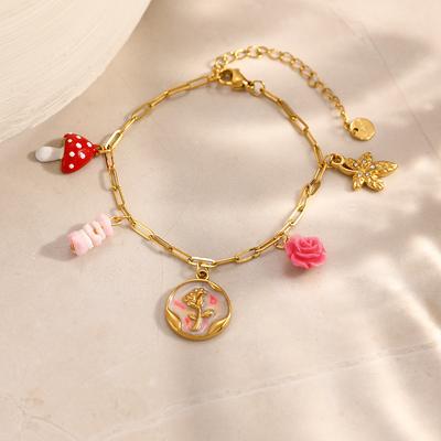 Fashion 18k Gold Plated Stainless Steel Enamel Chain Bracelet Rose Mushroom Multi Pendant Jewelry for Women