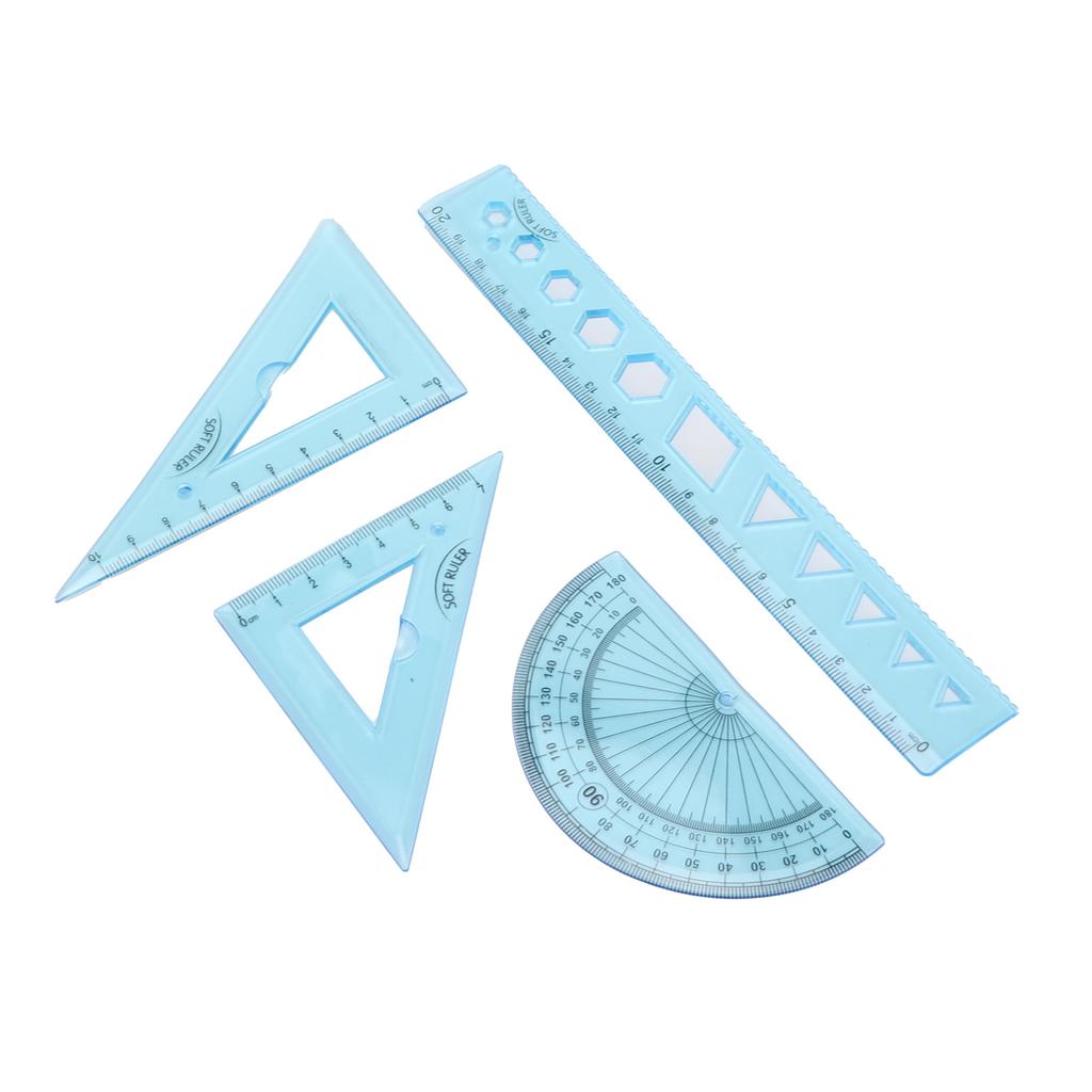 Набор линеек из четырех частей, мягкий пластик, прозрачный синий, инструменты для измерения длины угла с волнистой линией для Ki