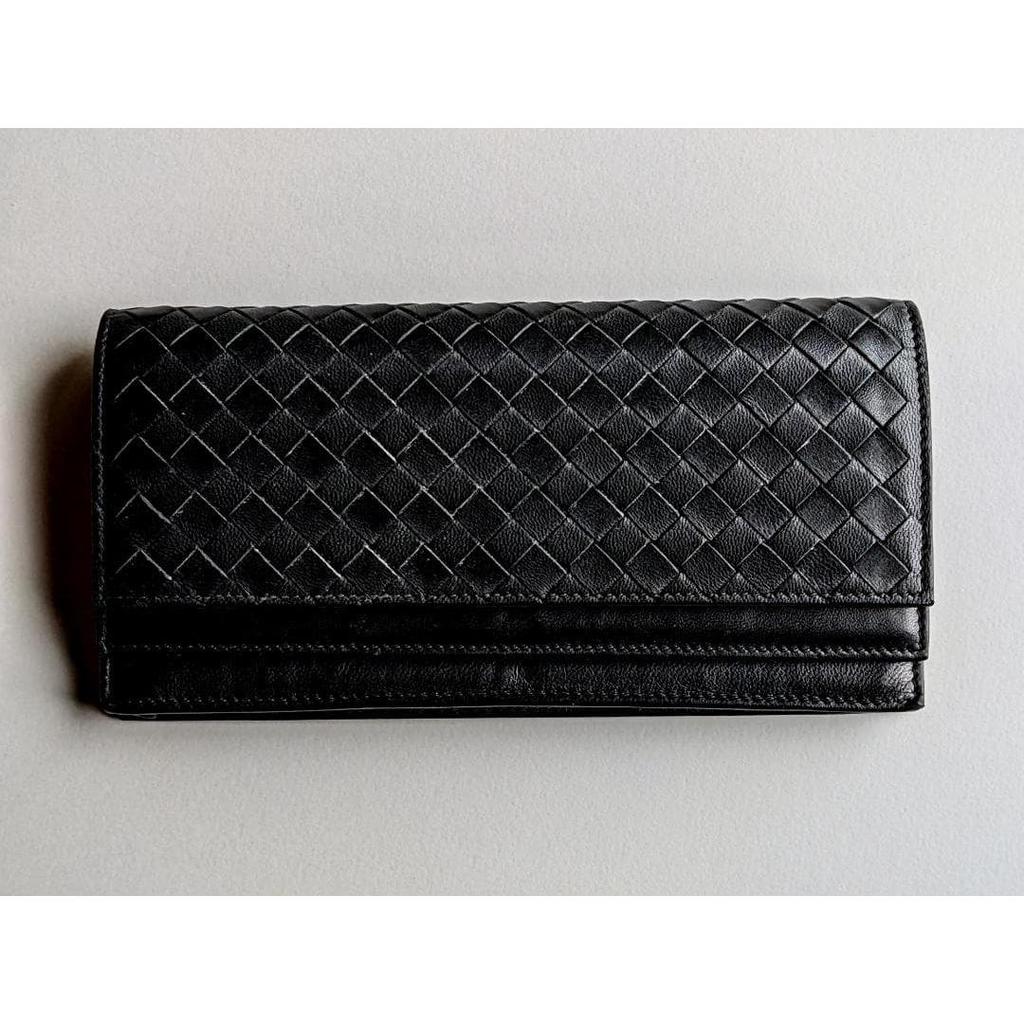 Used Bottega Veneta Intrecciato / Long Wallet / Black / Double Hook / Double Flap