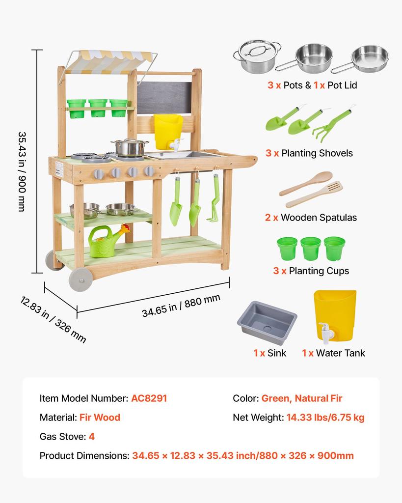VEVOR Mud Kitchen, Outdoor Mud Kitchen for Kids, Wood Outdoor Play Kitchens with Spoons, Sink, Sunshade Canopy, Swivel Wheels