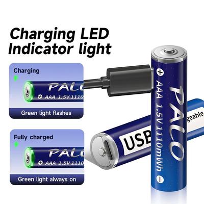 PALO Литий-ионная батарея AAA 1,5 В, 1110 мВтч, литий-полимерная USB-перезаряжаемая литиевая USB-батарея AAA + USB-кабель