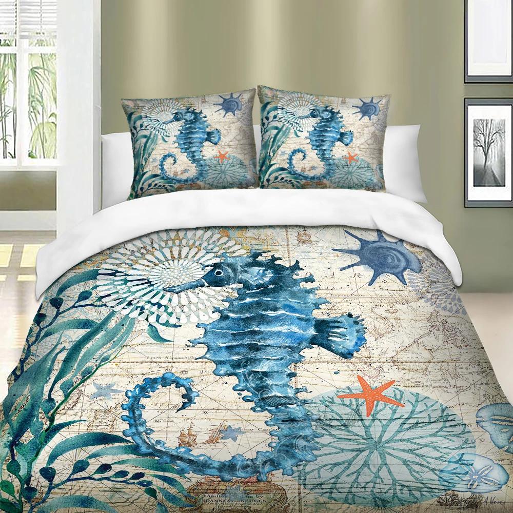 3D Seahorse Duvet Sets Free Shipping Marine Mediterranean Style Bedding Set Teal Ocean Comforter Cover Kid Double Bed Set