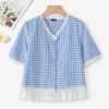VONDA Women V Neck Short Sleeve Lace Crochet Patchwork Buttons Plaid Casual Blouse