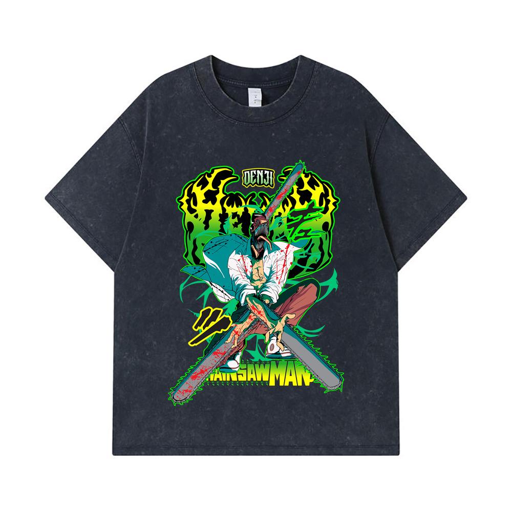 275 GSM Washed T-shirts 100% Cotton Chainsaw Man V36 Denji Pochita Print Unisex Heavy Cotton T Shirt