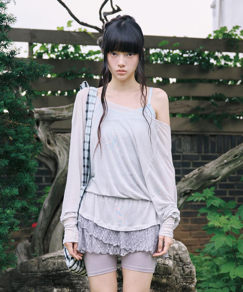 Mileko Прозрачный рукав-фонарик с открытыми плечами Облачно-серый
