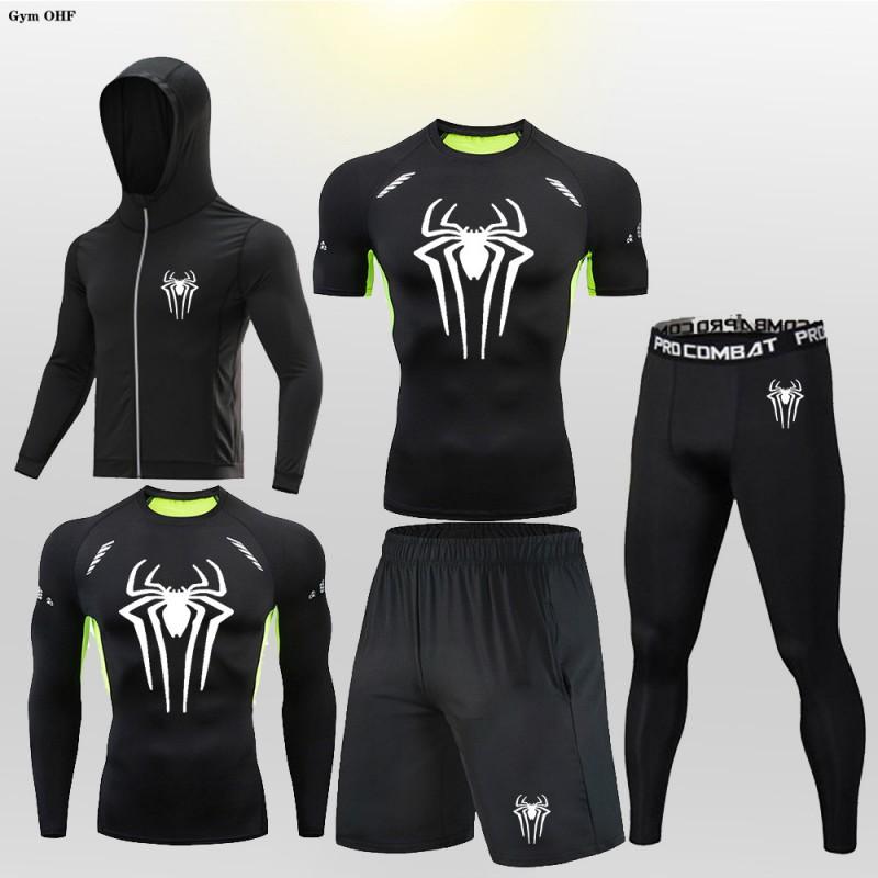 Mens Compression Fitness Set 5pcs Running Gym Workout Suit Long Sleeve Hooded Tight Sportswear Breathable Quick Dry