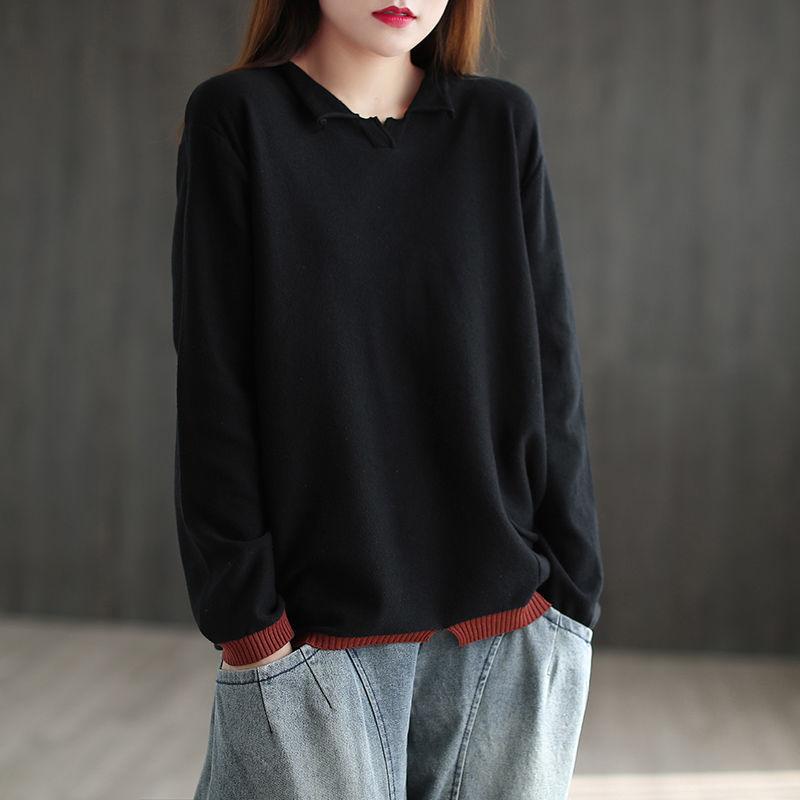 Plus Size Women's Spring Autumn Vintage Knitted Sweater Fake Two Pieces Loose Casual Bottoming Shirt Pullovers Tops
