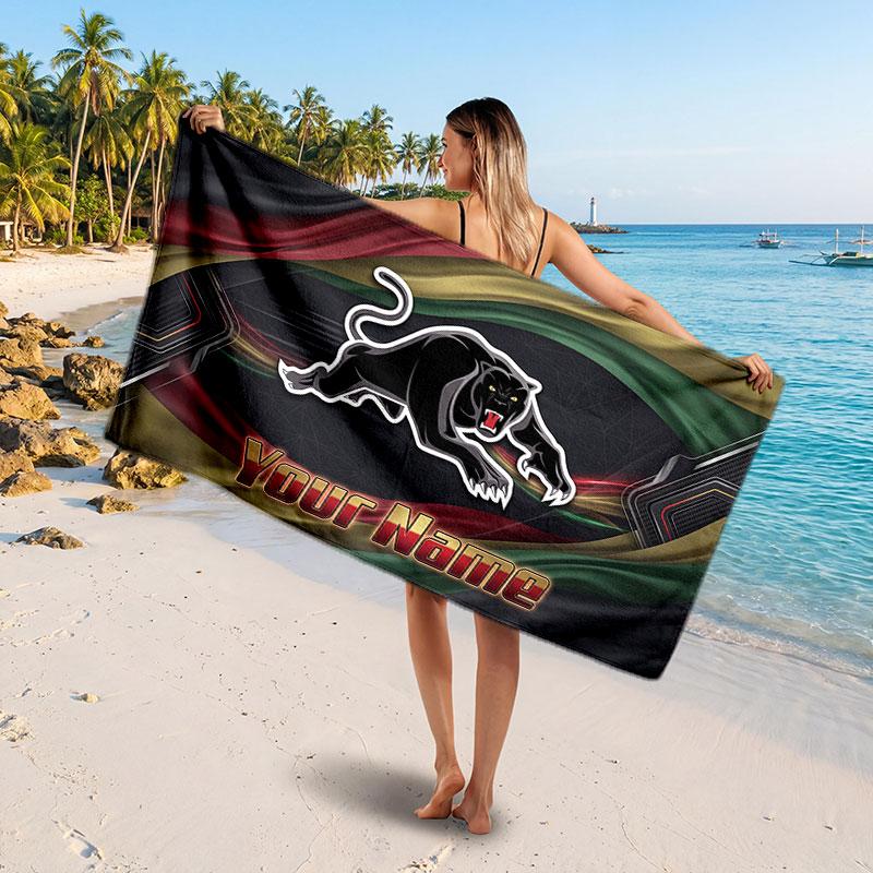 Penrith Panthers Customized Name Text Beach Towel, Soft Absorbent Towel Beach Pool Travel Personal Gift