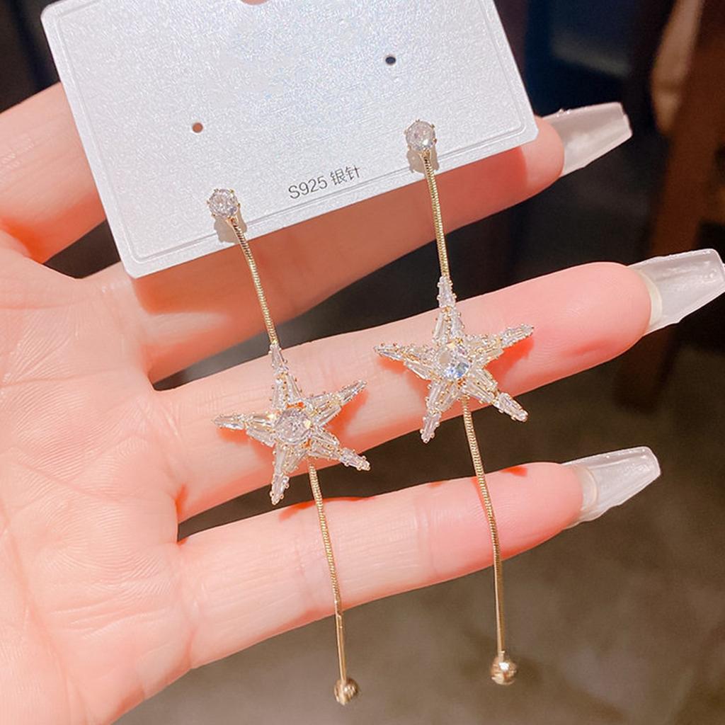 Copper-plated real gold silver needles full of zircon, simple stars, fringed earrings, advanced sense, thin temperament, trendy exaggerated earrings