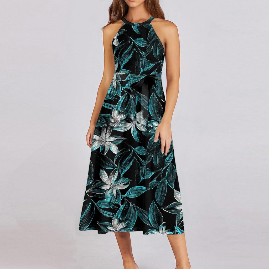 Женское повседневное платье миди с круглым вырезом, классическое, повседневное, без рукавов, свободное платье в стиле бохо с завязками, летний пляжный сарафан