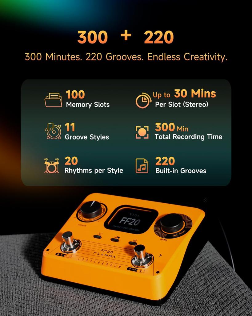 FLAMMA FF20 Педаль лупер Драм-машина с 300 минутами записи 220 барабанных партий 100 Время зацикливания Авто USB Выход для наушников для гитары и баса Экран, Время,