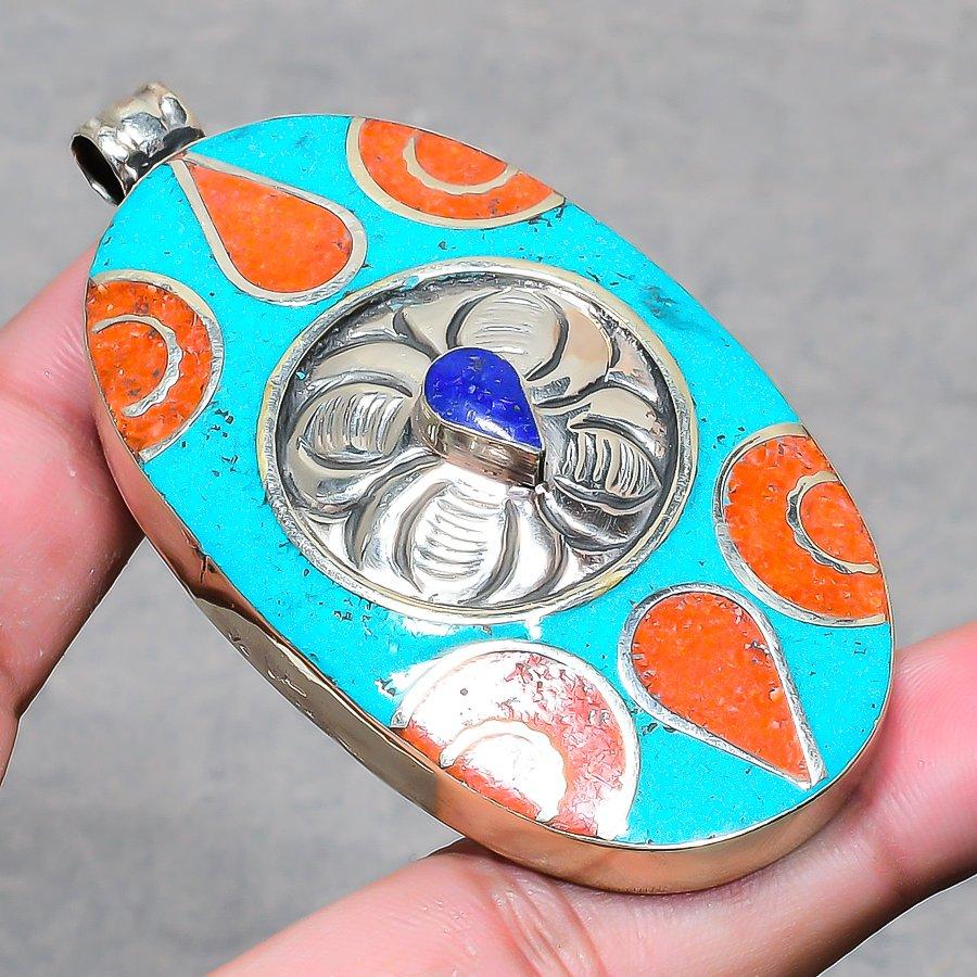 Chunky Vintage Nepal Pendant 2.8" Natural Lapis lazuli Turquoise Coral NP 2442