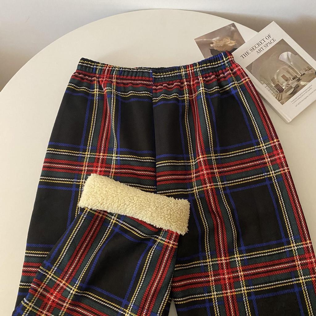 Women's High-Waisted Fleece-Lined Wool Plaid Wide-Leg Pants