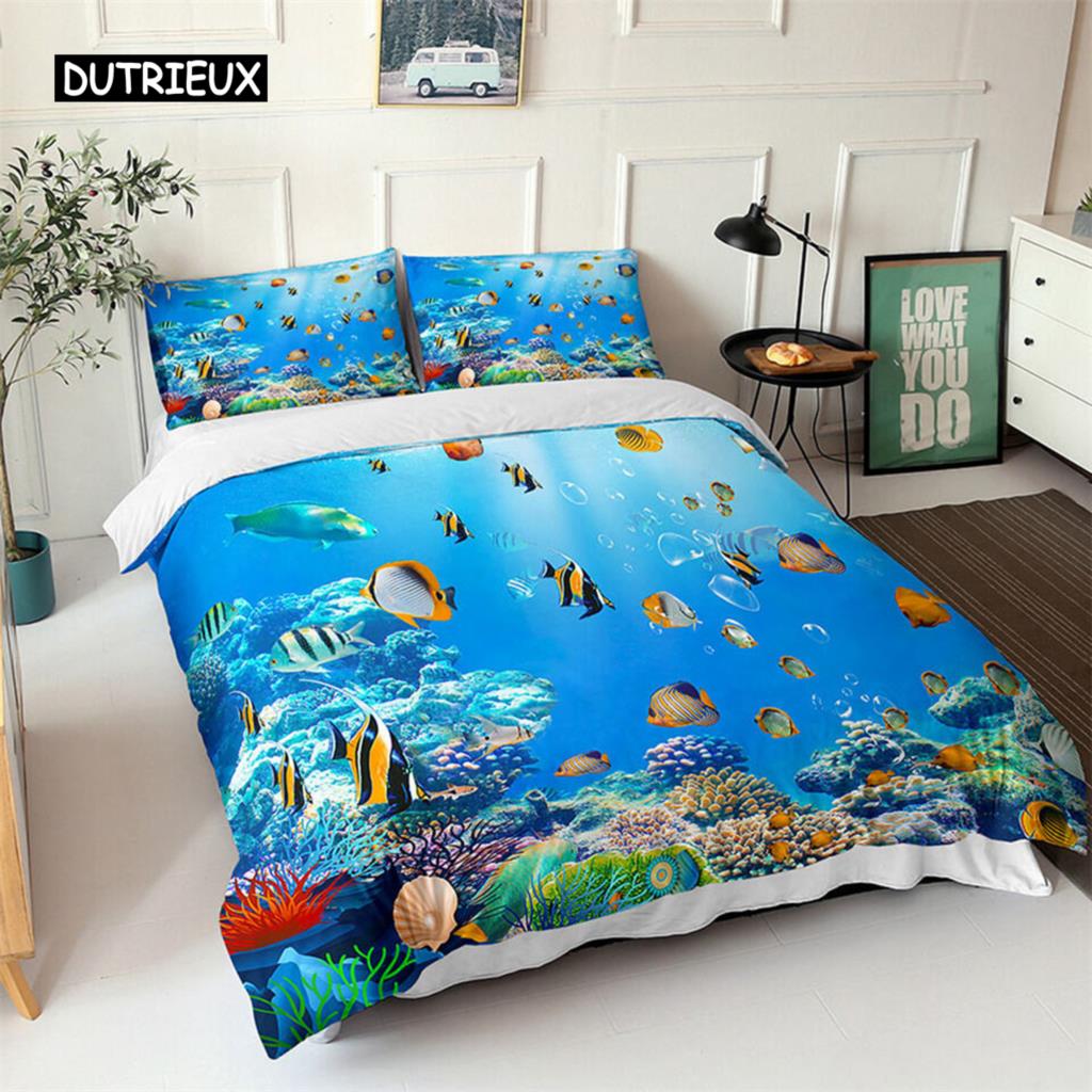 Комплект постельного белья Ocean с изображением синих морских рыб и 3D-принтом для детей. Мягкий полиэстеровый чехол для одеяла Queen King с изображением северного океана