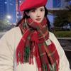 Korean Christmas Red Plaid Knitted Scarf for Women – Retro Tassel Neck Warmer