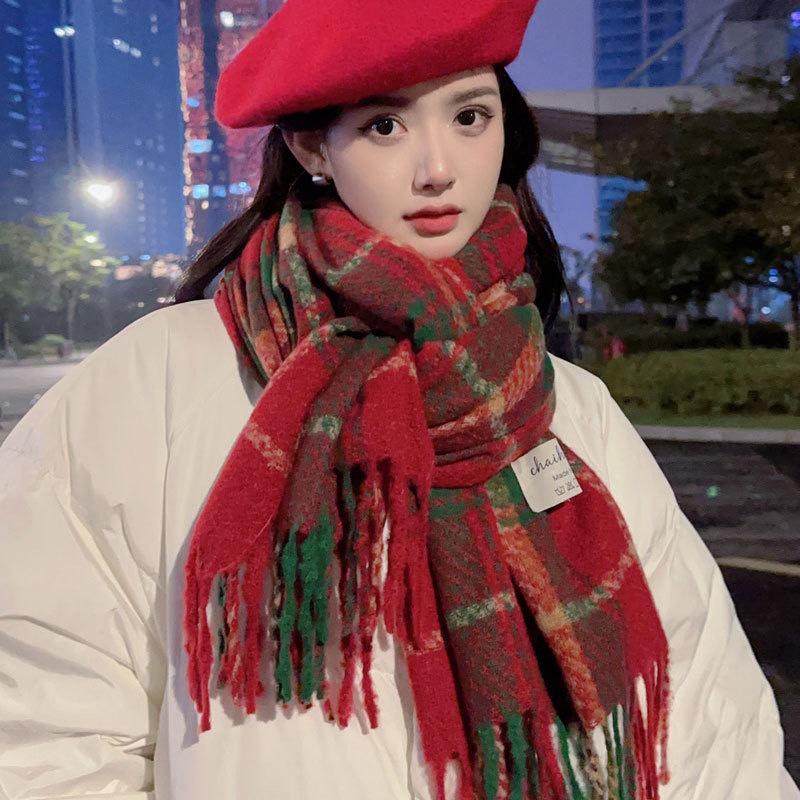 Korean Christmas Red Plaid Knitted Scarf for Women – Retro Tassel Neck Warmer