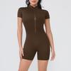 Womens Zipper Front Yoga Jumpsuit Short Sleeve Tight Fitness Romper Dance Workout Gym