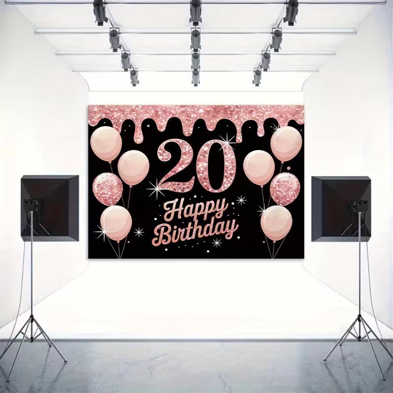 2D Black & Rose Gold Glitter 20th Birthday Party Decoration Background