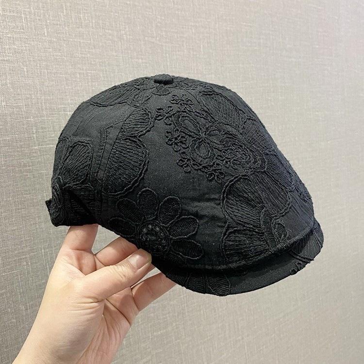Thin embroidered flower forward hat children spring and summer literary and retro versatile breathable face ducktongue beret