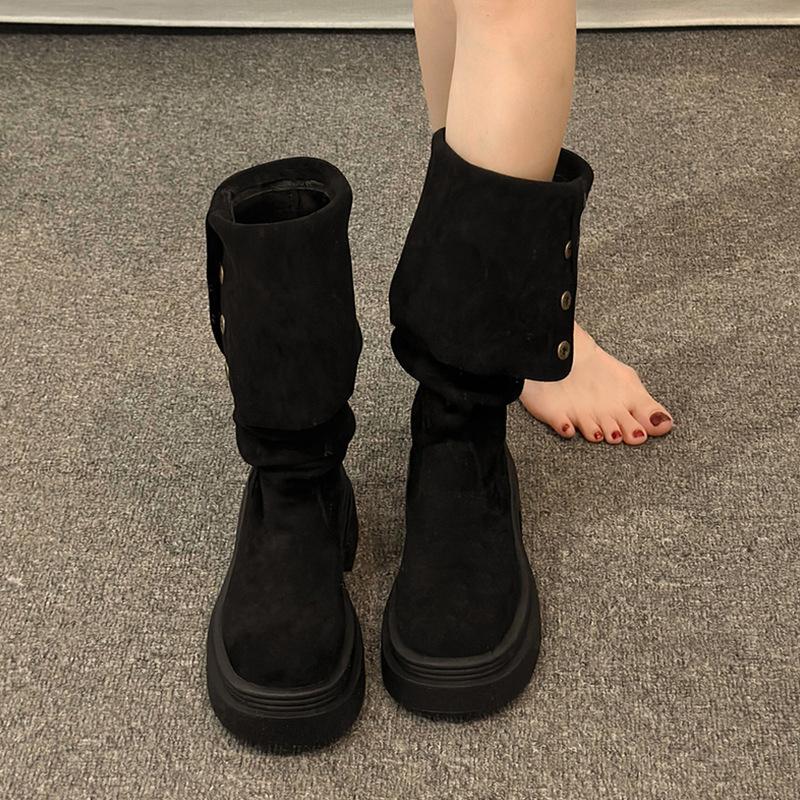 Коричневые двухслойные сапоги на толстой подошве, популярные детские осенне-зимние новые рыцарские сапоги до колена на толстом каблуке в 2024 году