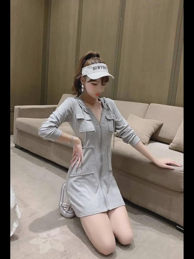 Plush Long-Sleeve Zippered Hoodie Dress - European and American Autumn/Winter Style for Women