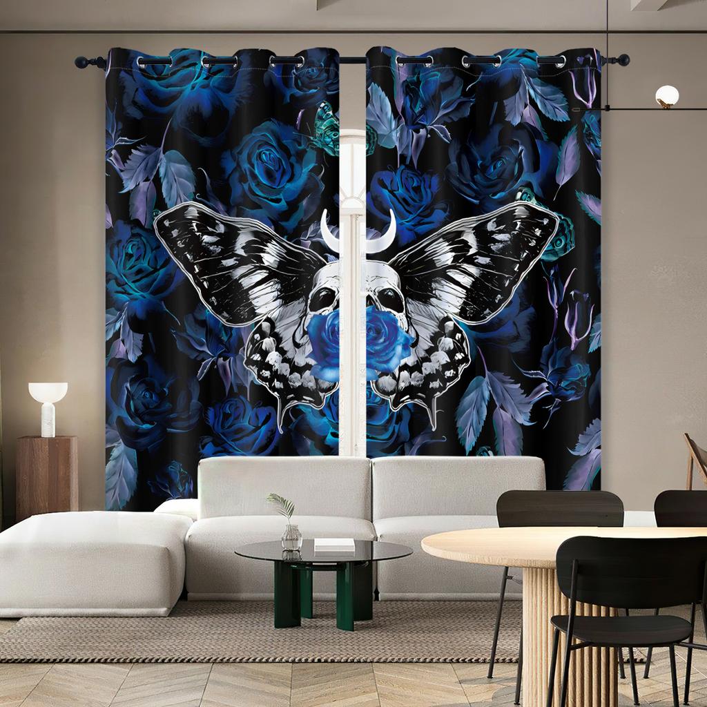 2 шт. штор в готическом стиле с рисунком черепа и мотылька, синей розы, для украшения спальни и гостиной