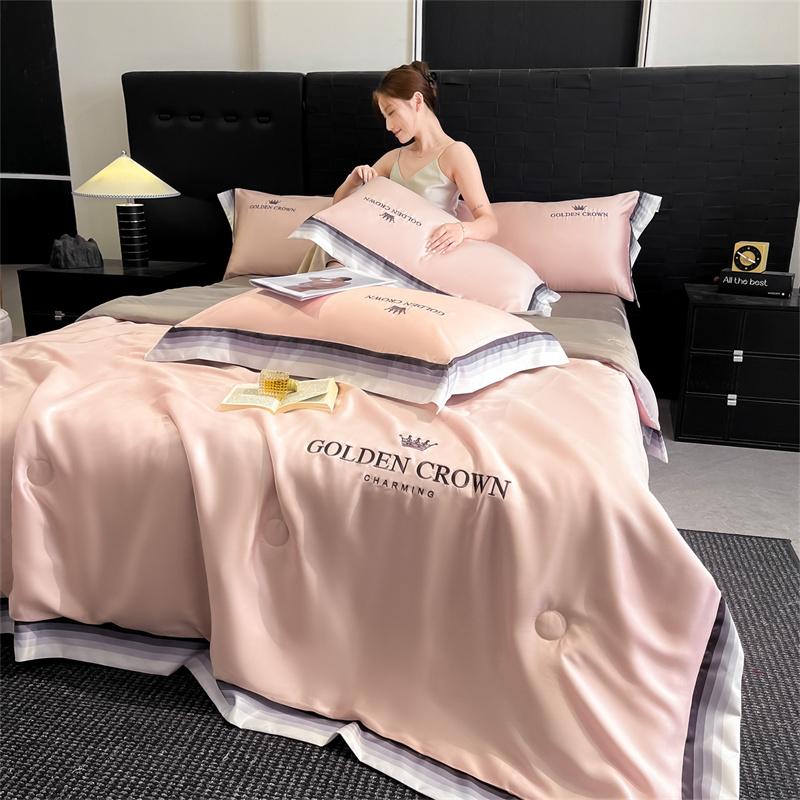 Sleeping grid washed ice silk digital wide edge embroidery summer quilt four piece set/single summer quilt - Bella series