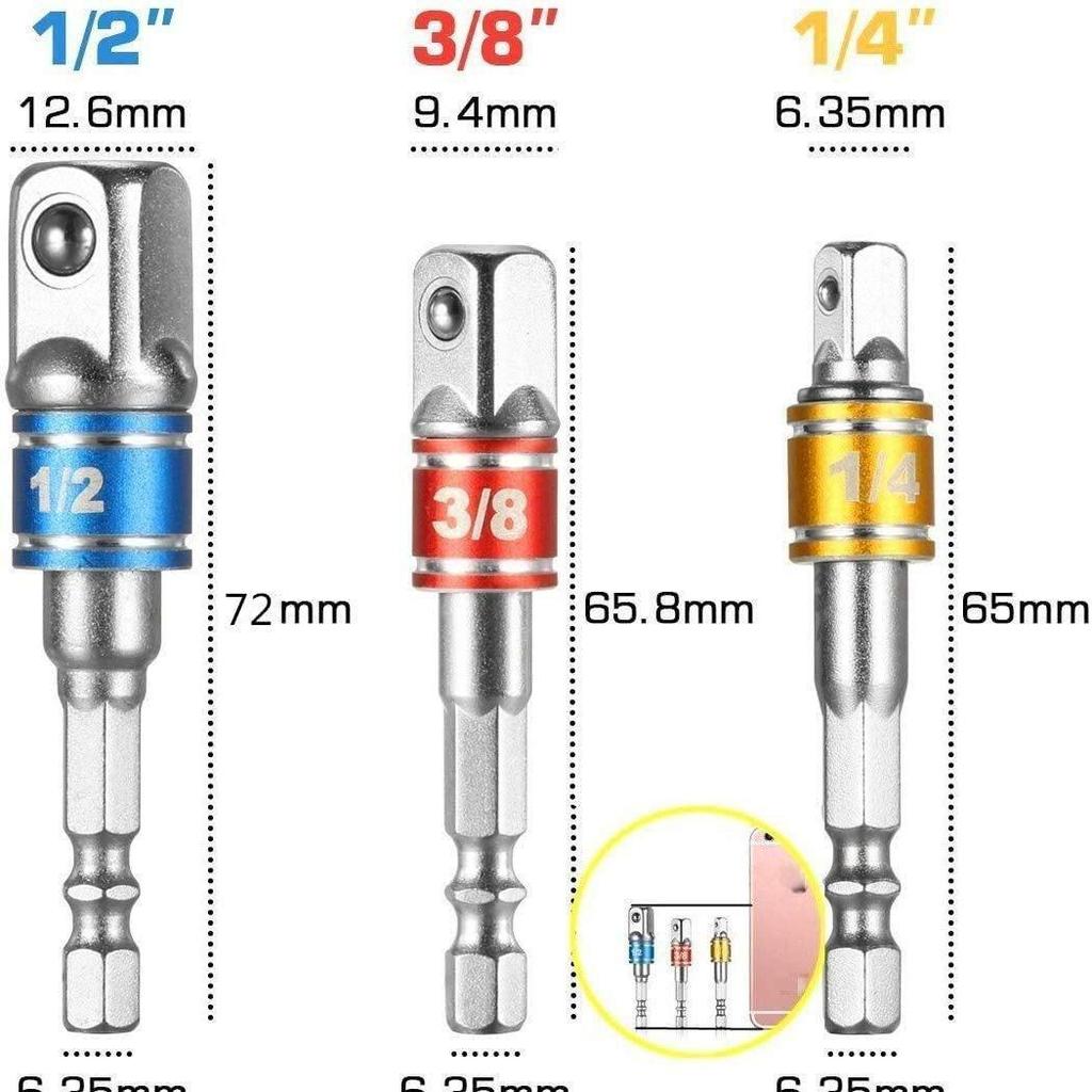 Набор из 3 алюминиевых колец, стальных шариковых удлинителей, адаптеров для торцевых ключей с шестигранным хвостовиком на квадратную головку, 1/2", 3/8", 1/4".