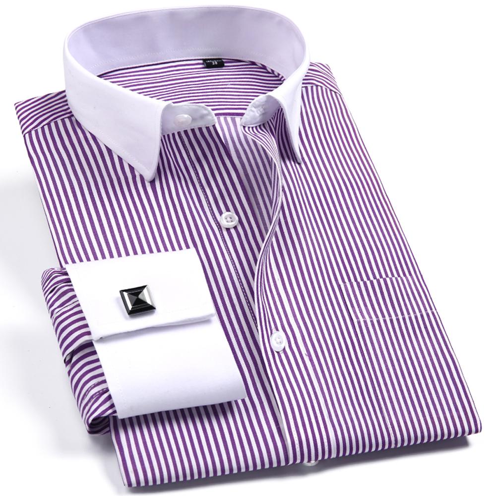 Men's Elegant French Cuff Spread Collar Striped Dress Shirt with Chest Pocket for Formal Business Wedding, Free Metal Cufflinks Included