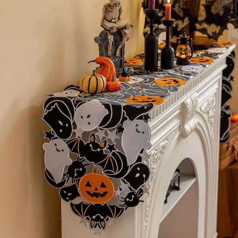 35x88cm Halloween Table Runner Pumpkin Ghost Bat Spiderweb Embroidered Tablecloth Vintage Fall Dining Party Cabinet Decor
