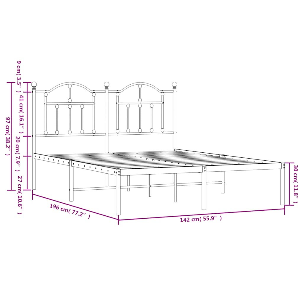 Metal Bed Frame with Headboard Black 135 x 190 cm