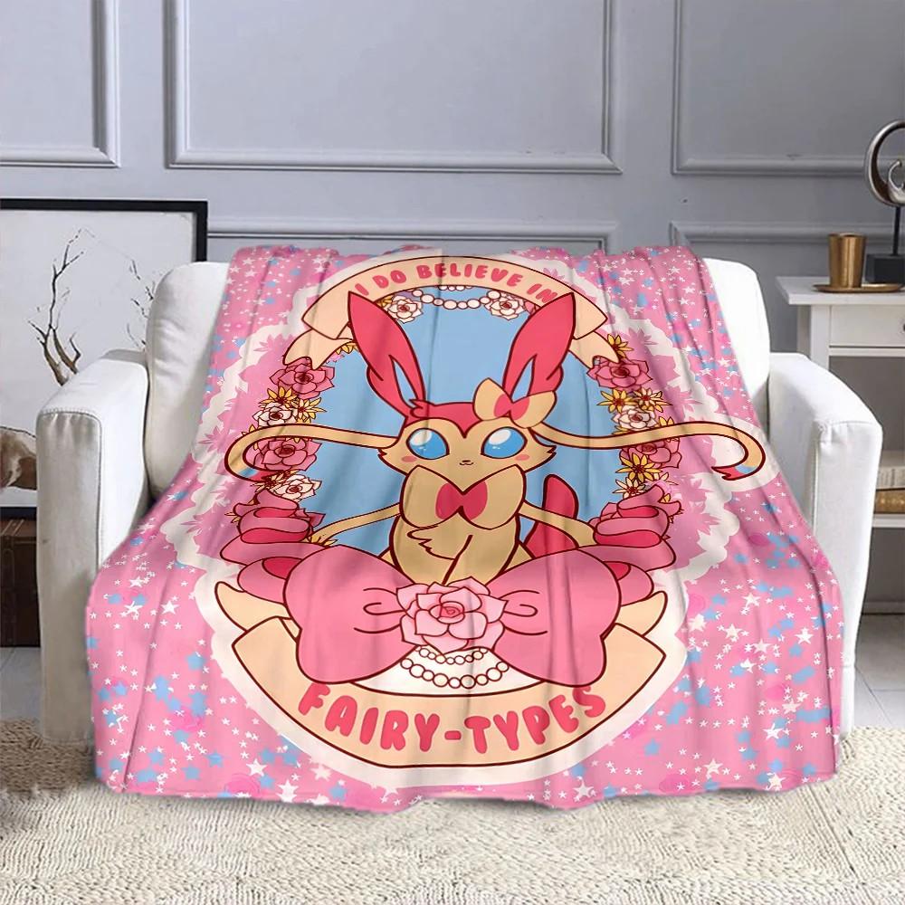 Cute Sylveon Eevee Pink Blanket for Couch or Bed - 3D Pattern Decor Blanket - Cozy Soft Fuzzy Blankets Suitable for All Seasons
