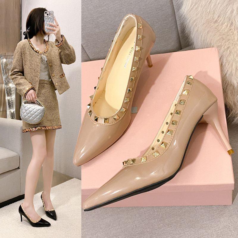 Rivet Beautiful High Heels Women's 2025 New French Design Patent Leather Niche Stiletto Shoes Pointed Temperament Single Shoes