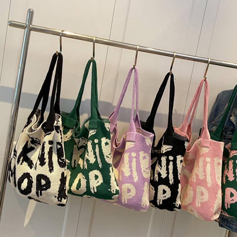 Сумка через плечо с буквенным принтом, большая вместительная сумка контрастного цвета из хлопчатобумажной ткани, летняя модная вязаная сумка ручной работы