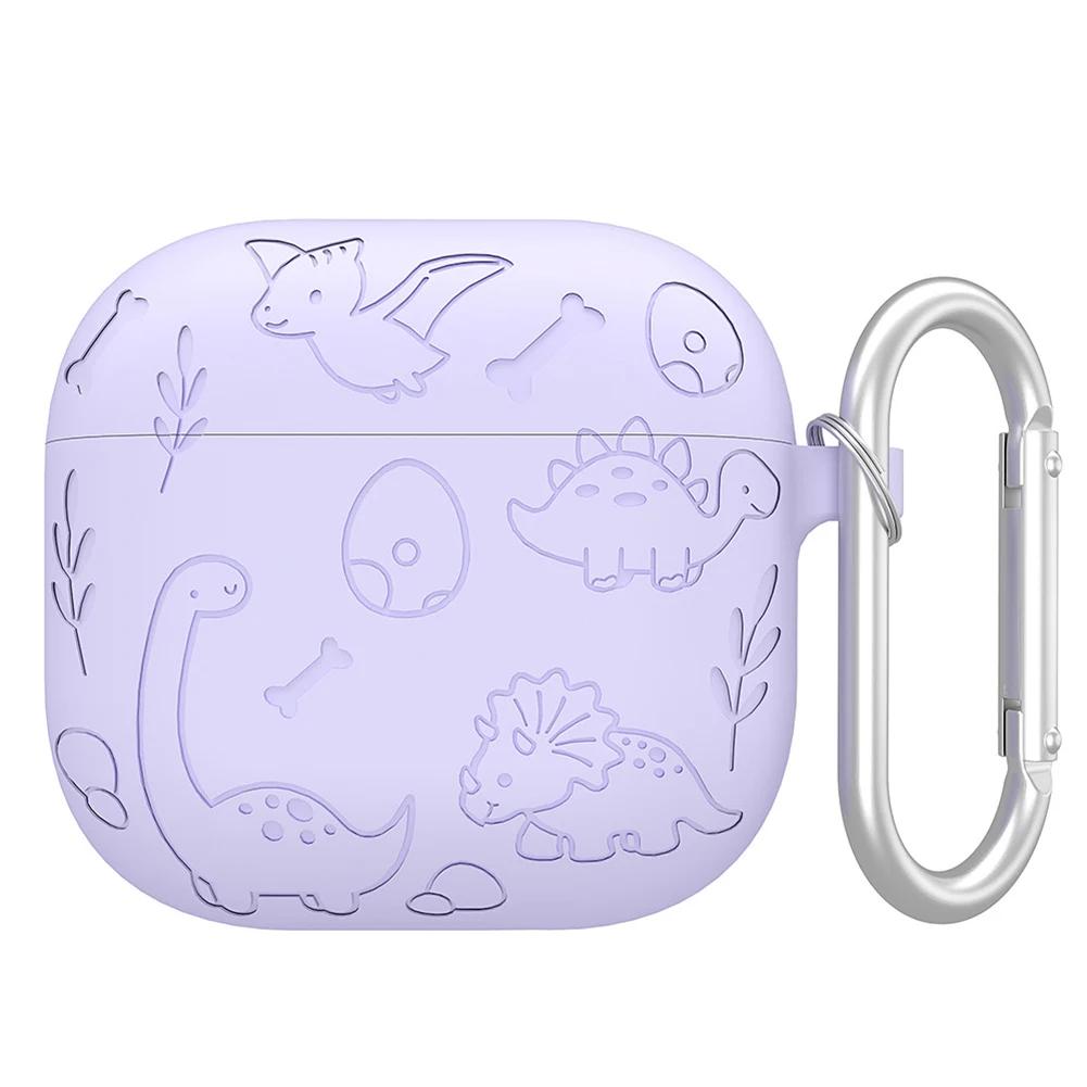 Silicone Case Protector with Carabiner Engraved Flower Dinosaur Case Soft Silicone Skin Protective Case for AirPods 4 Gen (2025)