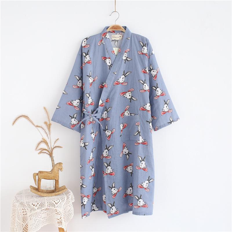 Japanese Kimono Ladies Bathrobe Nightdress Long-sleeved Nightgown Cotton Gauze Summer and Autumn Cute Sweaty Spring Cotton Pajamas
