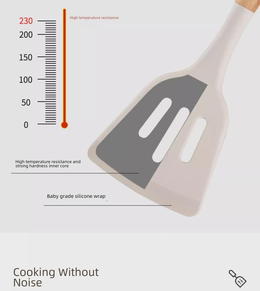 Кухонные принадлежности с антипригарным покрытием из силикона и бука: Лопатка с деревянной ручкой, лопатка для жарки и ложка для супа.