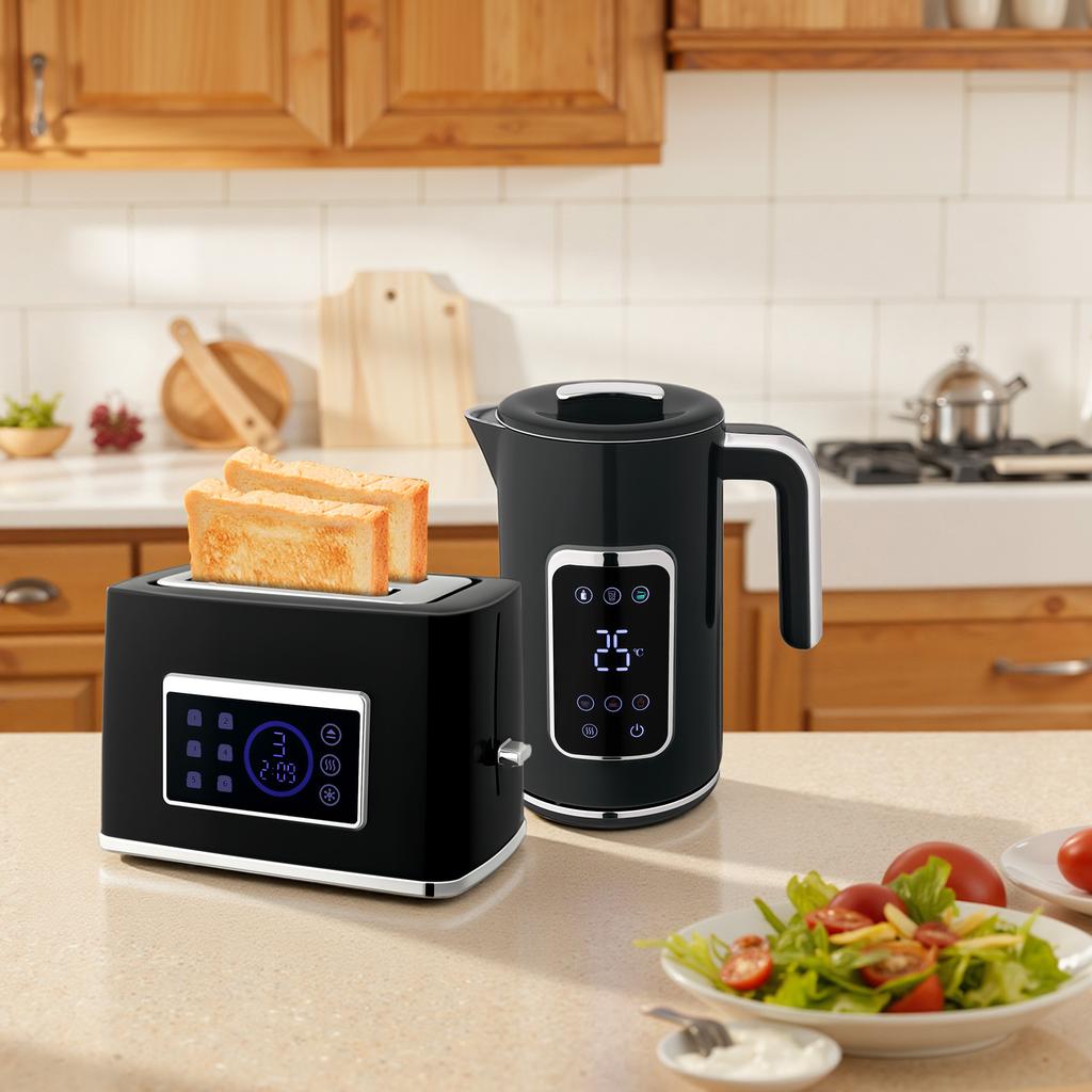 Kettle and Toaster Set with LED Touchscreen, 1.7 L, 2 Toaster Slots, Various Modes and Functions, Black