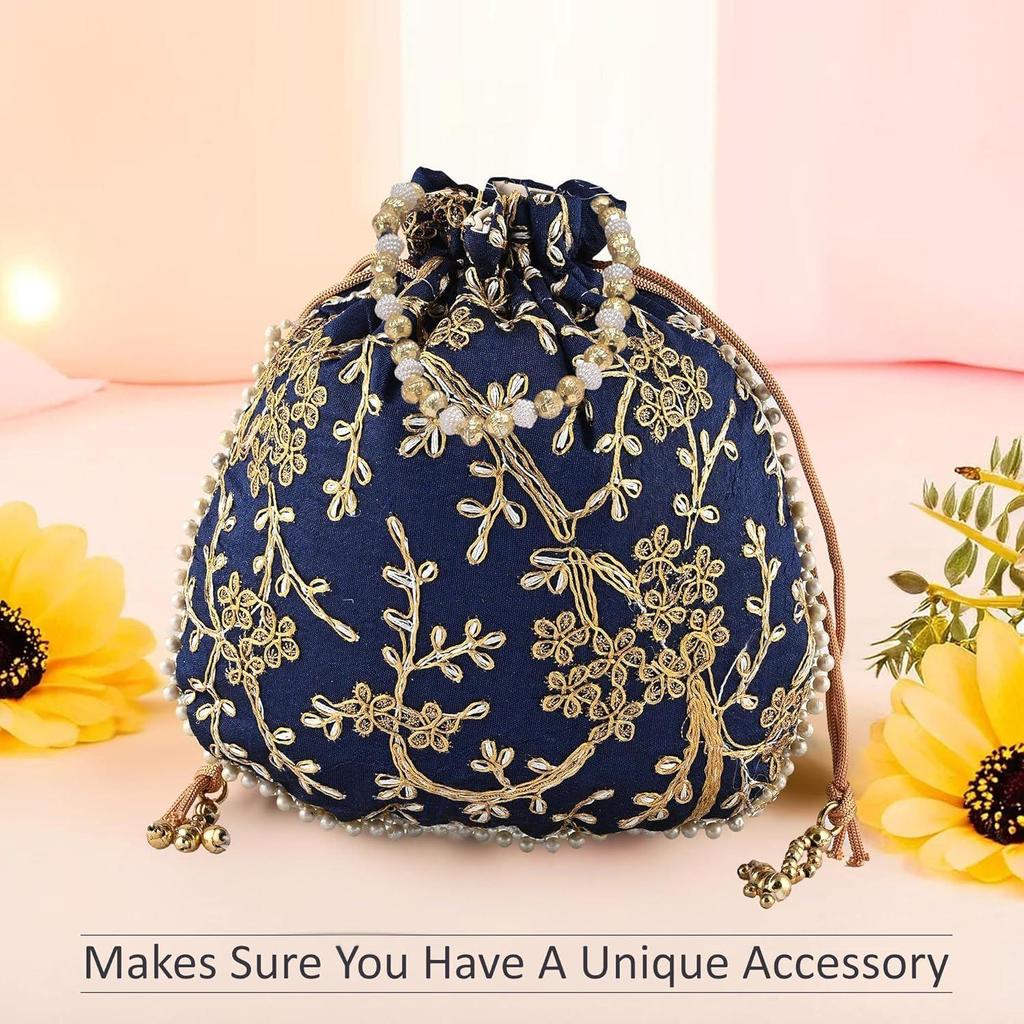 Набор из 2 сумочек-потли для дам и девушек | Женские подарочные мешочки для праздничных сезонов | Вышитый кошелек-батва | Свадебный кошелек - Темно-синий