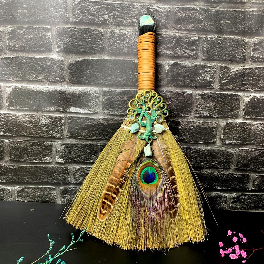 Big Broom Natural Amethyst Life Tree Halloween Peacock Feather Eye Altar Ornament Witch Mini Broom Home Decoration Handicrafts