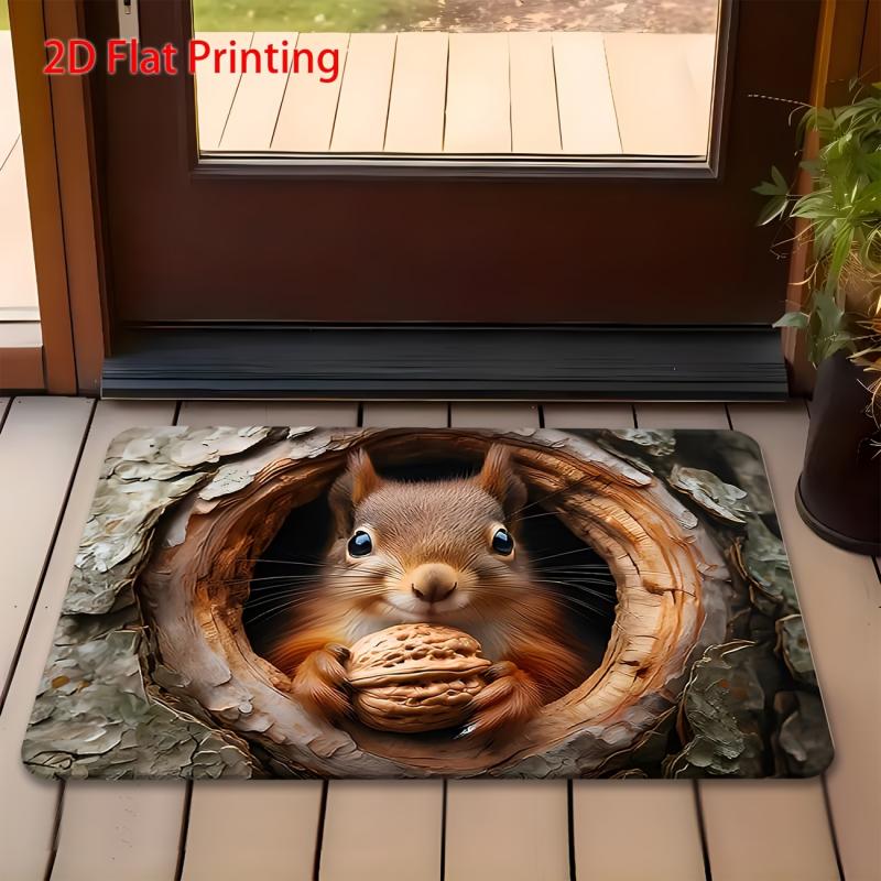 Cute Squirrel 3D Effect Welcome Doormat Creative Tree Hole Nut Pattern Floor Mat Animal Lover Home Entryway Decor Floor Rug