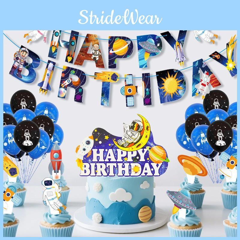 Party Astronaut Birthday Set Paper Flag Decor Latex Balloons Ribbons Theme Space