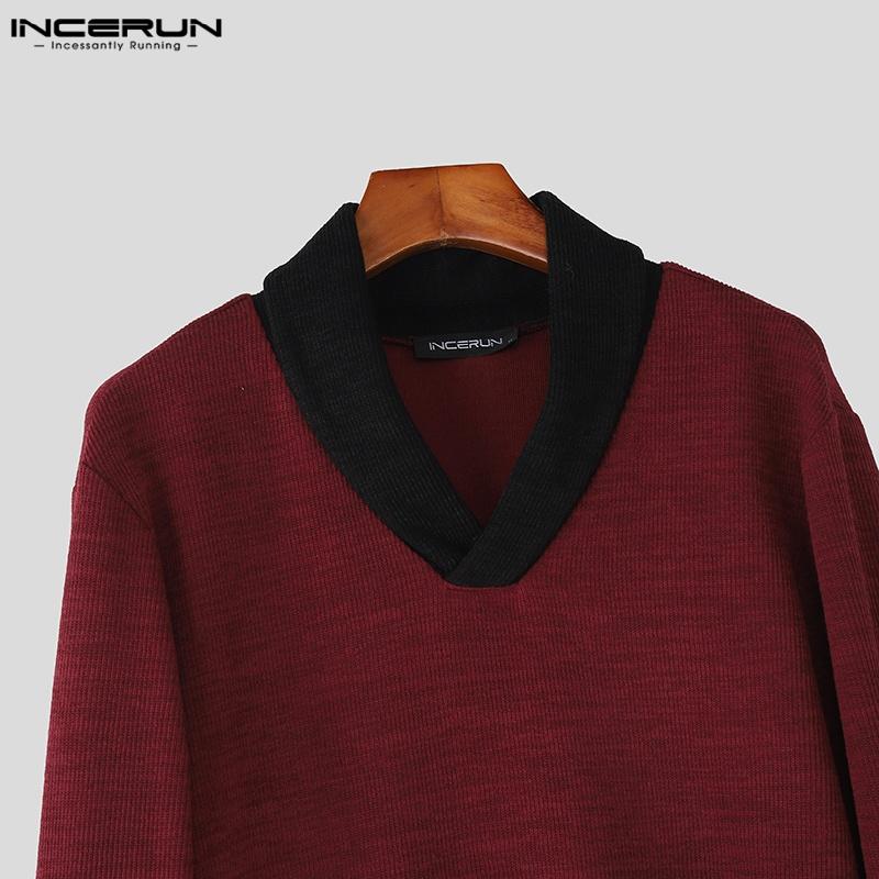INCERUN Spring Autumn Men Long Sleeve Stitching Casual Loose Knitted Pullovers Tops