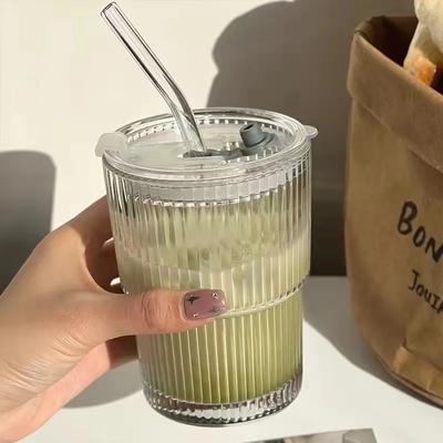 Вертикальные полосы Ins Coffee Glass Lid Pipe Cup Красивый лед American Latte Milk Cup Кружки Ice Coffee Cups
