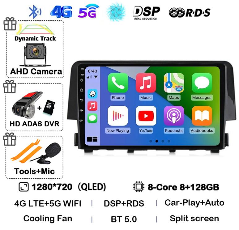Android 14 Беспроводной Carplay Auto Для Honda Civic 2016 2017 2018 2019 2020 Автомагнитола Стерео Мультимедийный Плеер GPS 4G+WIFI DSP