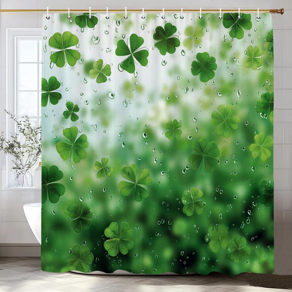Green Leaves, Lucky Grass Clover Pattern Shower Curtain, Bathroom Decorative Shower Curtain, Home Curtain With Hooks