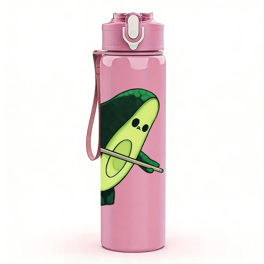 1PC Avocado Play Tennis Cartoon Print 750ml Color Plastic Sports Water Bottle Leakproof Flip Straw Lid Suitable for Sports Office Home Use